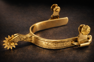 Western Spur SS tooled with Brass Button and Reining Rowel Golden